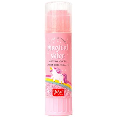 Rosa Glitzer-Klebestift im Einhorn-Design, senkrecht mit transparenter Kappe und rosa Einhornetikett dargestellt.