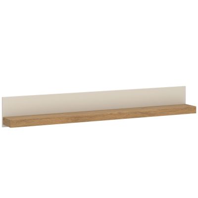 Modernes Wandboard mit weißer Rückwand und Ablagefläche in Eiche zur Präsentation von Dekoration und Büchern