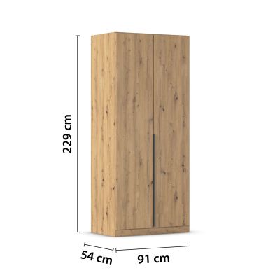 2-türiger Kleiderschrank in Eiche Artisan mit Maßangaben Breite 91 cm, Höhe 229 cm und Tiefe 54 cm