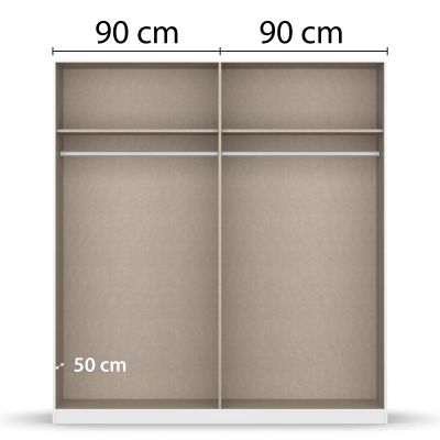 Innenansicht eines Kleiderschranks mit zwei gleich großen Bereichen à 90 cm Breite und Kleiderstangen sowie Ablagefächern