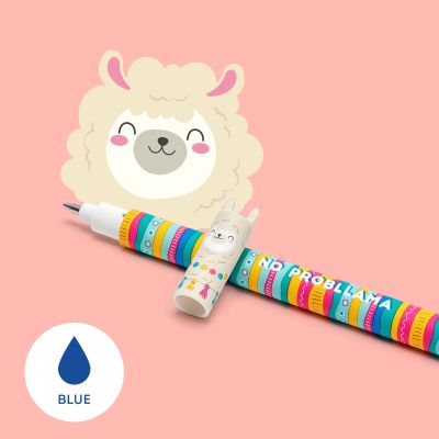 Bunt gestreifter Gelstift mit großer Lamafigur als Kappe vor rosafarbenem Hintergrund; ein Farbsymbol zeigt blaue Tinte.