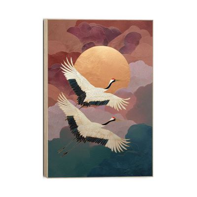 Frontansicht des Wandbilds „Migrating Cranes“ in Rot, Größe 90 × 60 cm; das vollständige Motiv ist zu sehen.