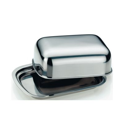 Rechteckige Butterdose in Silber glänzend mit abgerundetem Deckel und passender Unterseite