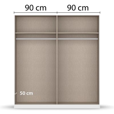 Innenansicht eines Kleiderschranks mit zwei gleich großen Bereichen à 90 cm Breite und Kleiderstangen sowie Ablagefächern