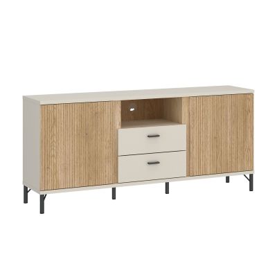 Modernes Sideboard in Kaschmir und Eiche mit zwei Drehtüren, vier Schubladen und schwarzen Metallfüßen