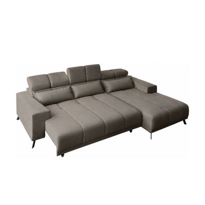 Hellgraues Ecksofa in Cord-Optik mit Ottomane rechts, ausgezogener Sitzfläche, verstellbaren Kopfstützen und schwarzen Metallfüßen
