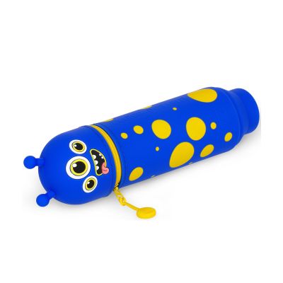Blaues 2-in-1-Silikon-Federmäppchen im Monster-Design, geschlossen waagerecht auf weißem Hintergrund dargestellt.