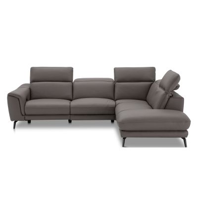Graues Ecksofa mit Recamiere rechts und mehrfach verstellbaren Kopfstützen auf Metallfüßen