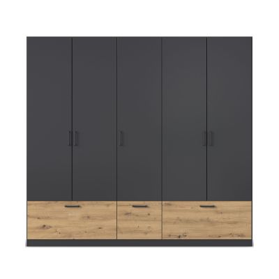 Drehtürenschrank mit Korpus in Schwarz-Grau und Front in Schwarz-Grau mit Holzabsetzung unten, in frontaler Ansicht gezeigt.