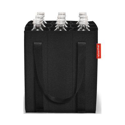 Flaschentasche von Reisenthel, Modell Bottlebag, in Schwarz, frontal mit mehreren eingesetzten Getränkeflaschen.