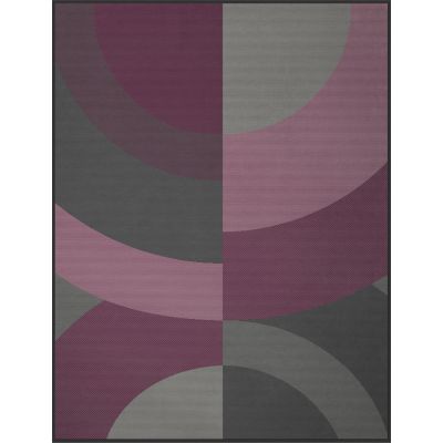 Flach dargestellte Wohndecke Cotton Home Hartford Burgundy mit halbkreisförmigem Muster in Bordeaux, Grau und Taupe.