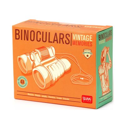 Schwarzes Fernglas mit Trageriemen, in einer orangefarbenen Kartonbox abgebildet.