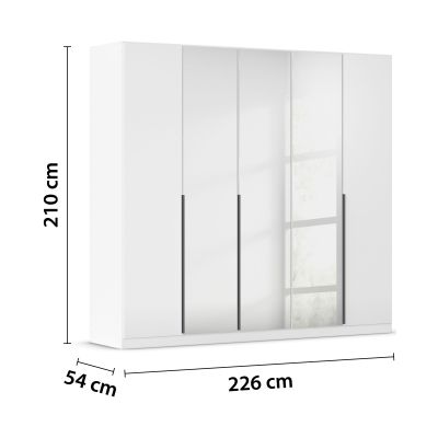 Großer Drehtürenschrank in Weiß Hochglanz mit fünf Türen und Spiegeltüren inklusive Maßangaben 226 cm Breite, 210 cm Höhe und 54 cm Tiefe