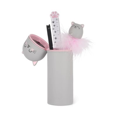Graues 2-in-1-Silikon-Federmäppchen im Katzen-Design, geöffnet und nach unten geschoben als Stiftebecher mit eingesetzten Stiften gezeigt.