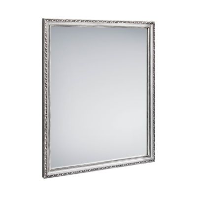 Spiegel Loreley in Silber, freigestellt in vollständiger Ansicht; zu sehen ist die rechteckige Spiegelfläche mit profiliertem Zierrahmen; Maße ca. 34 x 45 x 2 cm.