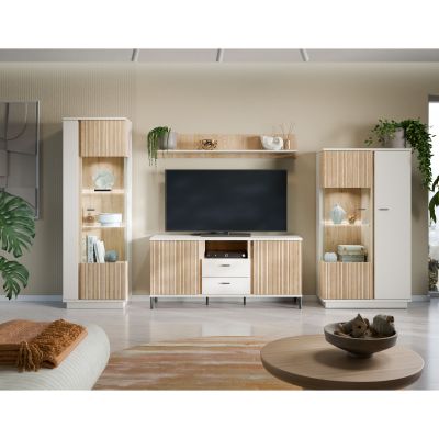 Moderne Wohnwand mit TV-Lowboard, Vitrinen und Wandboard in Kaschmir und Eiche als stilvolle Einrichtungslösung für das Wohnzimmer