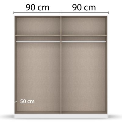 Innenansicht eines Kleiderschranks mit zwei gleich großen Bereichen à 90 cm Breite und Kleiderstangen sowie Ablagefächern