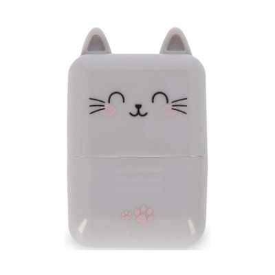 Grauer Deko-Rollstempel im Katzen-Design, geschlossen als kompakte Tierfigur frontal dargestellt.