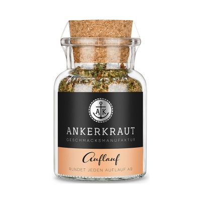 Glas mit Korken und der Aufschrift Auflauf von Ankerkraut; darin ist eine bräunliche Mischung mit erkennbaren Kräuterstücken.