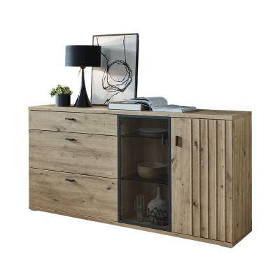 Sideboard in natürlicher Holzoptik mit Schubladen Türen und dunklen Frontakzenten