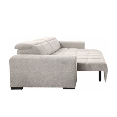 Freigestelltes silbergraues Schlafsofa von der Seite mit breiter Armlehne, ausgefahrener gepolsterter Liegefläche und schwarzen Stützfüßen
