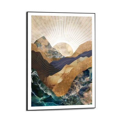 Frontansicht des Wandbilds „Autumn Mountains“ in Blau, Größe 50 × 70 cm; das vollständige Motiv ist zu sehen.