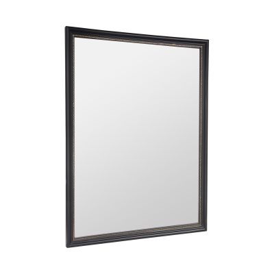 Spiegel Nadine in Schwarz, freigestellt in vollständiger Ansicht; zu sehen ist die rechteckige Spiegelfläche mit schmalem Rahmen und Zierkante; Maße ca. 34 x 45 x 1 cm.