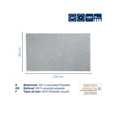 Technische Darstellung zur Maja-Variante Jadegrün mit 60 cm Breite und 100 cm Länge, 15 mm Höhe und Hinweis auf recyceltes Polyester.