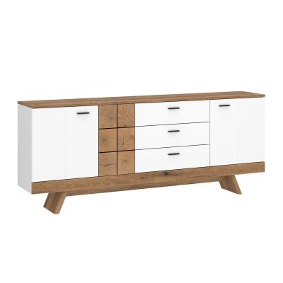 Modernes Sideboard mit drei Schubladen, zwei Türen und dekorativen Frontakzenten in Holzoptik