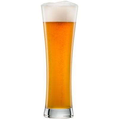 Hohes schlankes Beer-Basic-Weizenbierglas mit goldenem Bier und Schaumkrone auf weißem Hintergrund.
