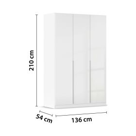Weißer Drehtürenschrank in Hochglanz mit drei Türen und den Maßen 136 cm Breite, 210 cm Höhe und 54 cm Tiefe