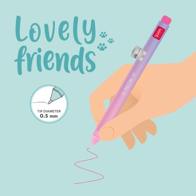 Rosa Gelstift mit Katzenaufsatz, in einer Grafik in der Hand beim Schreiben dargestellt.