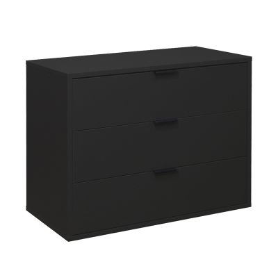 Moderne Kommode in Schwarz mit drei Schubladen und minimalistischen Griffmulden, seitlich betrachtet