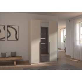 Moderner Kleiderschrank in Champagner mit mittiger Spiegeltür in einem hell eingerichteten Wohnraum mit Holzbank und Wandbildern