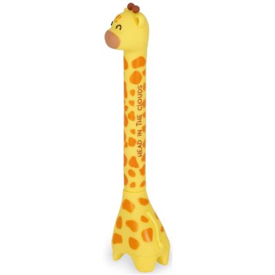 Gelber Kugelschreiber mit Giraffen-Standfuß, im Standfuß aus seitlicher Perspektive gezeigt.