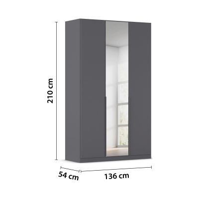 Grau-Metallicer Kleiderschrank mit eingezeichneten Maßen 136 cm Breite, 210 cm Höhe und 54 cm Tiefe