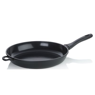 Runde schwarze Bratpfanne mit langem Stielgriff und kurzem seitlichem Zusatzgriff