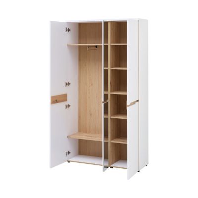 Weißer Garderobenschrank mit geöffneten Türen, linke Seite mit Kleiderstange und Ablageboden, rechte Seite mit mehreren offenen Regalfächern.