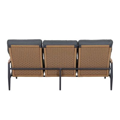 Rückansicht eines Sofas mit drei Sitzen, Rückenlehnen aus hellbraunem Geflecht und dunklem Gestell.