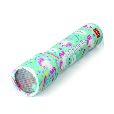 Mintfarbenes Kaleidoskop im Einhorn-Design, diagonal mit der vorderen Linse zum Betrachter gezeigt.