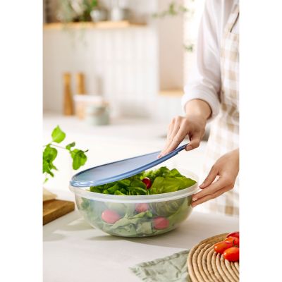 Transparente Rührschüssel mit blauem Deckel und Salat auf einer Küchenarbeitsplatte