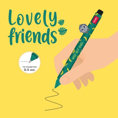 Grüner Gelstift mit Gorilla-Aufsatz, in einer Grafik in der Hand beim Schreiben dargestellt.