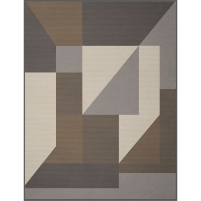 Flach dargestellte Wohndecke Cotton Home Springfield Bright mit großflächigem geometrischem Muster in Beige, Grau, Braun und Creme.