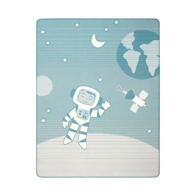 Babydecke Spacekid in Hellblau mit Astronaut, Erde, Mond und kleinen Sternen auf einem Weltraummotiv.