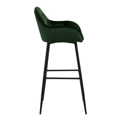Barhocker mit waldgrünem Samtbezug, Rauten-Heftung und schwarzem Gestell, seitlich fotografiert