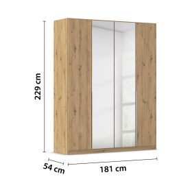 Kleiderschrank in Eiche Artisan mit Spiegeltüren und eingezeichneten Maßen 181 cm Breite, 229 cm Höhe und 54 cm Tiefe
