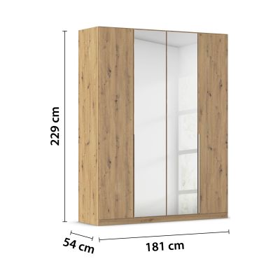 Kleiderschrank in Eiche Artisan mit Spiegeltüren und eingezeichneten Maßen 181 cm Breite, 229 cm Höhe und 54 cm Tiefe