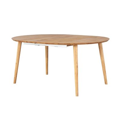 Draufsicht auf die runde Tischplatte eines Holztisches mit sichtbarer Holzmaserung