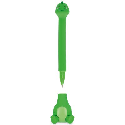 Grüner Kugelschreiber mit Dinosaurier-Standfuß, mit getrenntem Stift über dem Tier-Standfuß dargestellt.