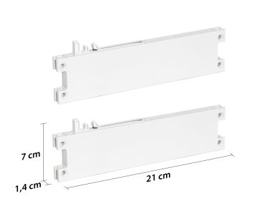 Zwei weiße Schubladendämpfer mit Befestigungspunkten, daneben Maßangaben 21 cm Länge, 7 cm Höhe und 1,4 cm Tiefe